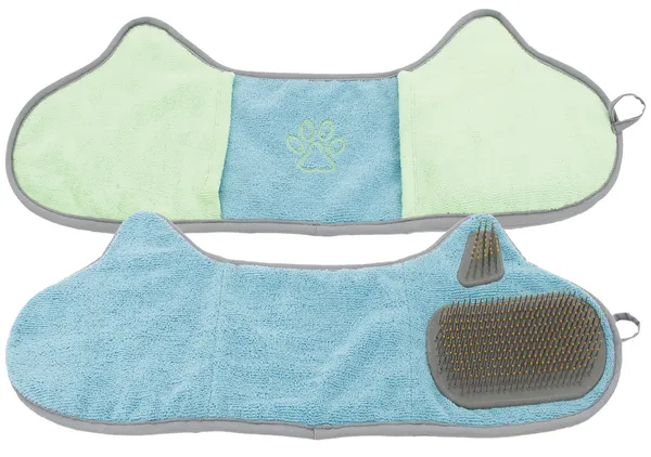 2-in-1 microfiber grooming towel and brush for dogs with built-in pin brush and dual hand pockets