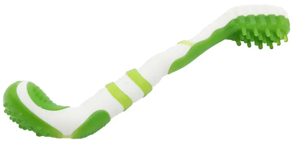 Durable toothbrush for dogs with soft flexible bristles and rubber-like material for dental care and gum massage