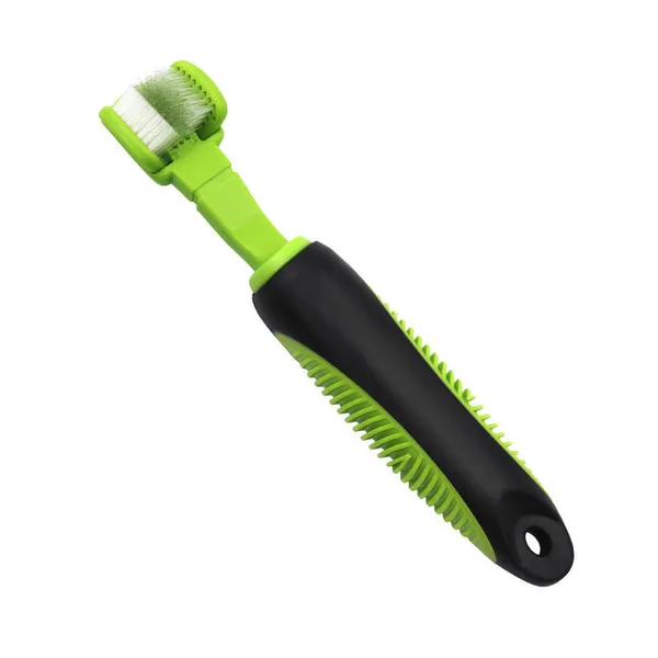 Dual-sided action bristle dog toothbrush with flexible neck and anti-skid grip for plaque and gingivitis removal