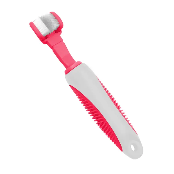 Dual-sided action bristle dog toothbrush with flexible neck and anti-skid grip for deep cleaning plaque and gingivitis