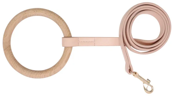 Beechwood and leather designer flat dog leash with handcrafted circular handle and golden alloy swivel hook