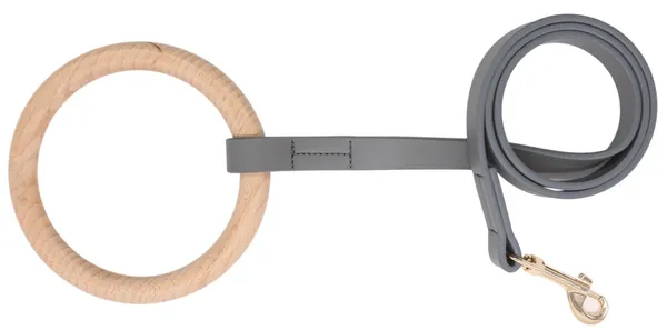 Beechwood and Leather Designer Flat Dog Leash with circular wooden handle and golden swivel hook