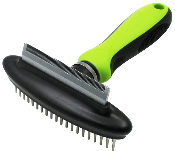 Dual-sided grooming undercoat rake for dogs with flexible hinge and rubberized grip.