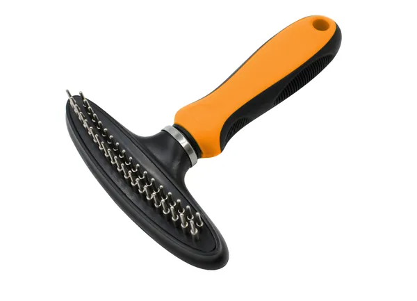Dual-Row Undercoat Rake for dogs with dual curved stainless steel rakes and rubberized grip for removing knots and tangles