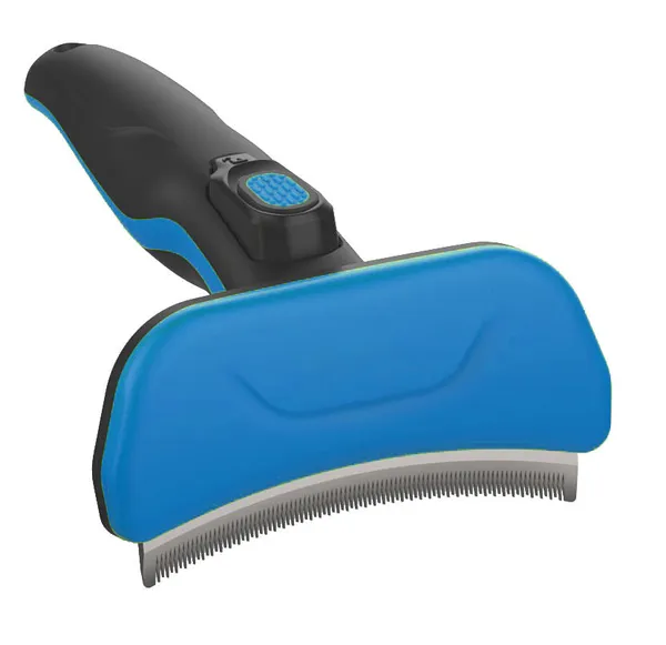 Easy self-cleaning deshedder dog comb with curved stainless steel blades and rubber grip