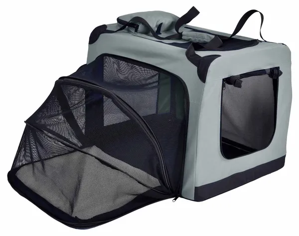 Collapsible soft sided dog crate with expandable accordion design and removable pads for spacious pet lounging