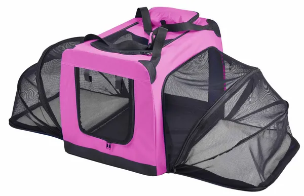 Collapsible soft sided dog crate with expandable panels and removable Sherpa pads for pet lounging and travel