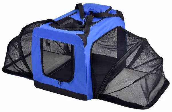 Collapsible soft sided dog crate with expandable accordion design and removable Sherpa pads for multiple pets and travel use