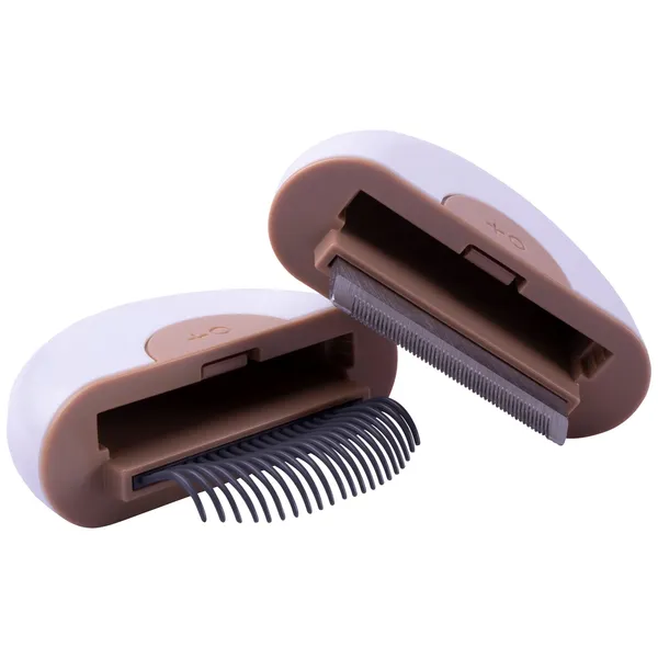 Compact 2-in-1 travel dog comb and deshedder grooming tool with stainless steel blade and flexible TPU comb for short and long hair breeds