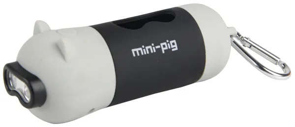 Oink dog poop bag holder with built-in LED flashlight and pig-shaped design