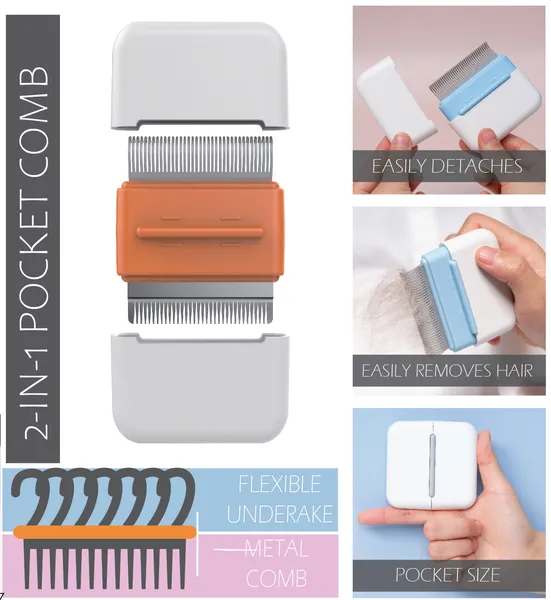 2-in-1 travel stainless steel dog comb with undercoat rake and steel comb for removing knots and shedding