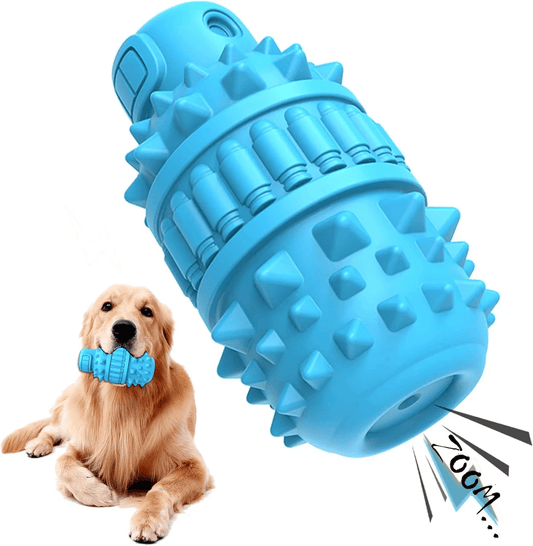 Durable natural rubber dog chew toy with squeaker and textured surface for aggressive chewers