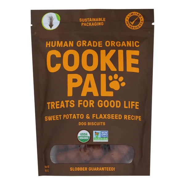 Four 10 oz bags of Cookie Pal oven-baked dog biscuits with organic, human-grade ingredients and rich fiber for healthy digestion and coat.