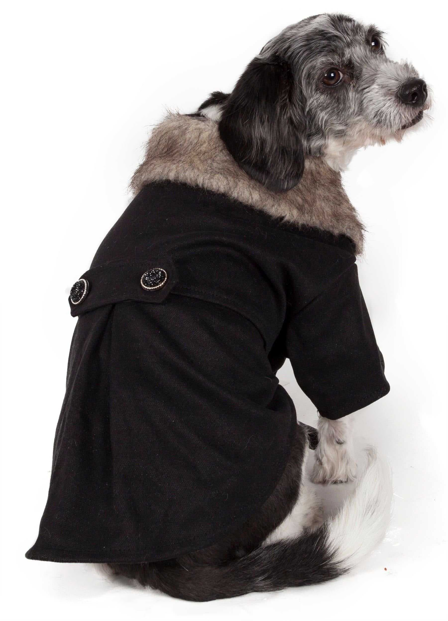 Dog wearing a faux-fur collared coat with dual-button strap and leash slit, designed for easy snap button closure, part of coats for dogs collection