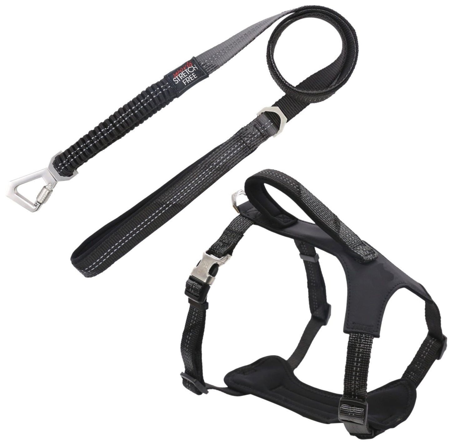 Reflective neoprene padded 2-in-1 dog walking set with shock-absorbing leash and adjustable harness in geometric design
