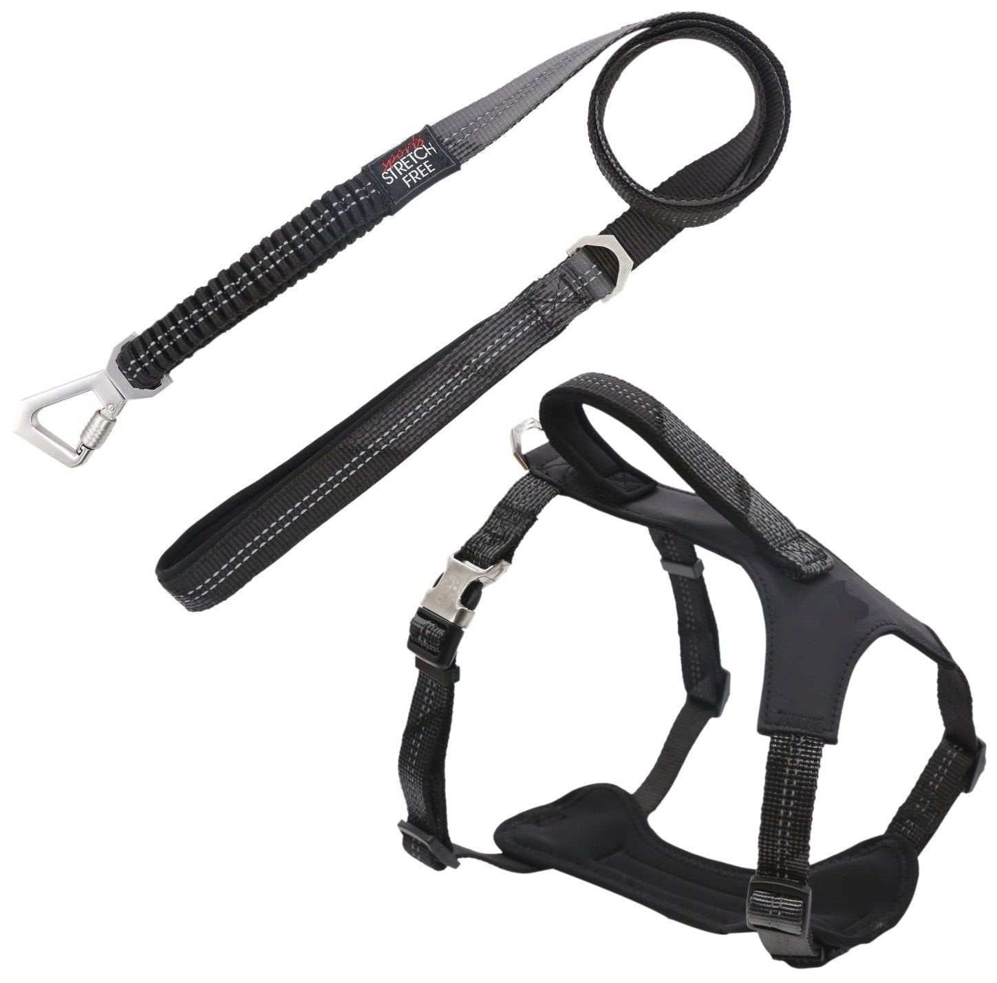 Reflective neoprene padded 2-in-1 dog walking set with shock-absorbing leash and adjustable harness in geometric design