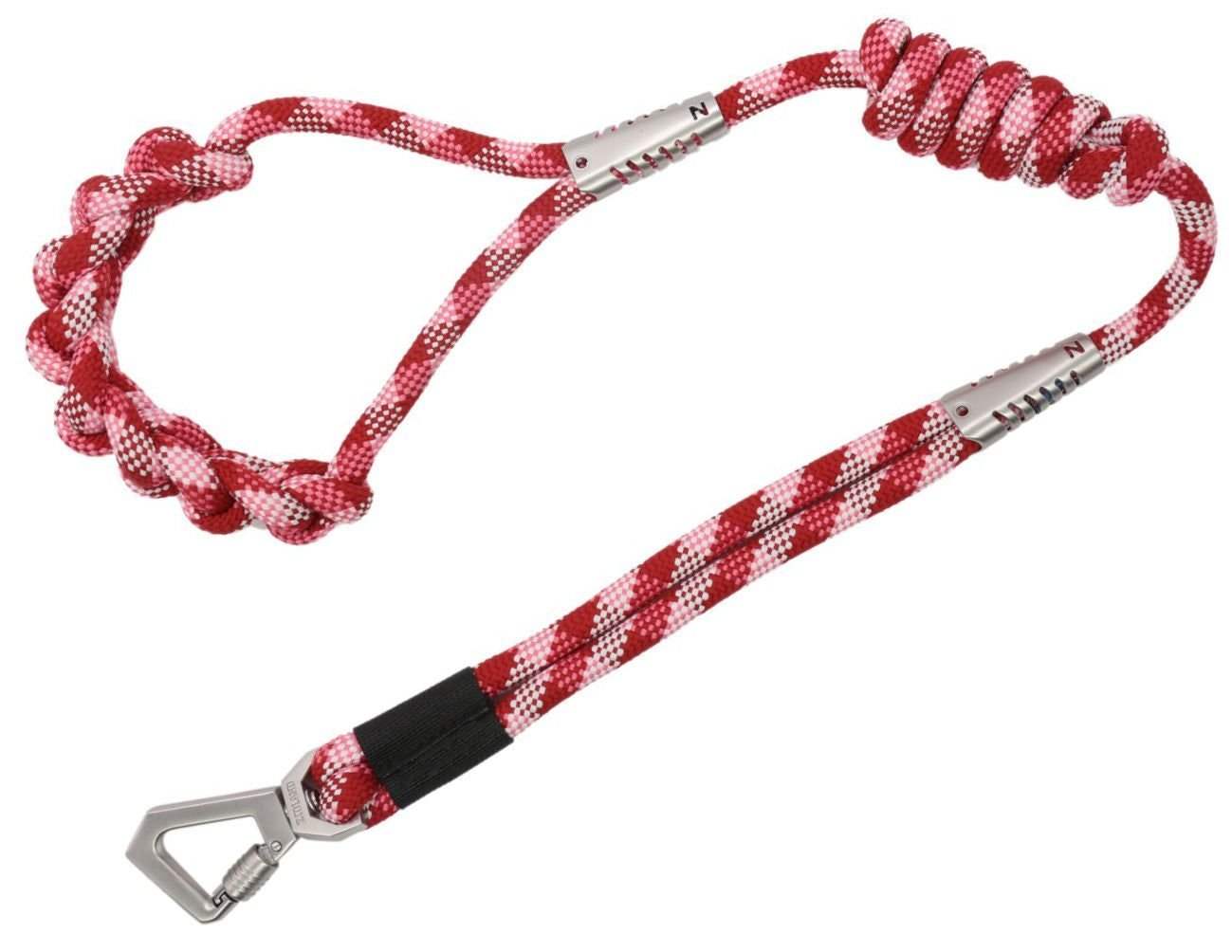 Braided dog leash with one-piece nylon braided handle, reflective stitching, and alloy swivel safety lock in geometric design