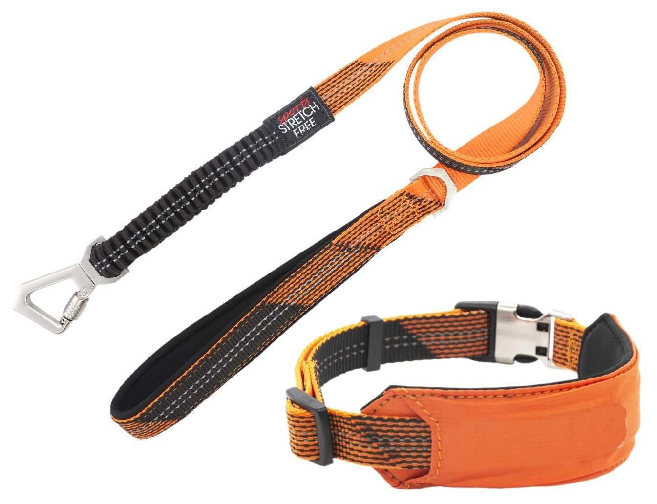 Reflective dog walking set with neoprene padded collar and leash, geometric pattern, quick-connect buckles, and elastic tension-reducing leash band