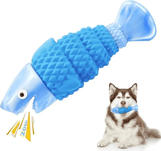 Durable dog chew toy for aggressive chewers made of nylon and rubber with squeaker and dental benefits