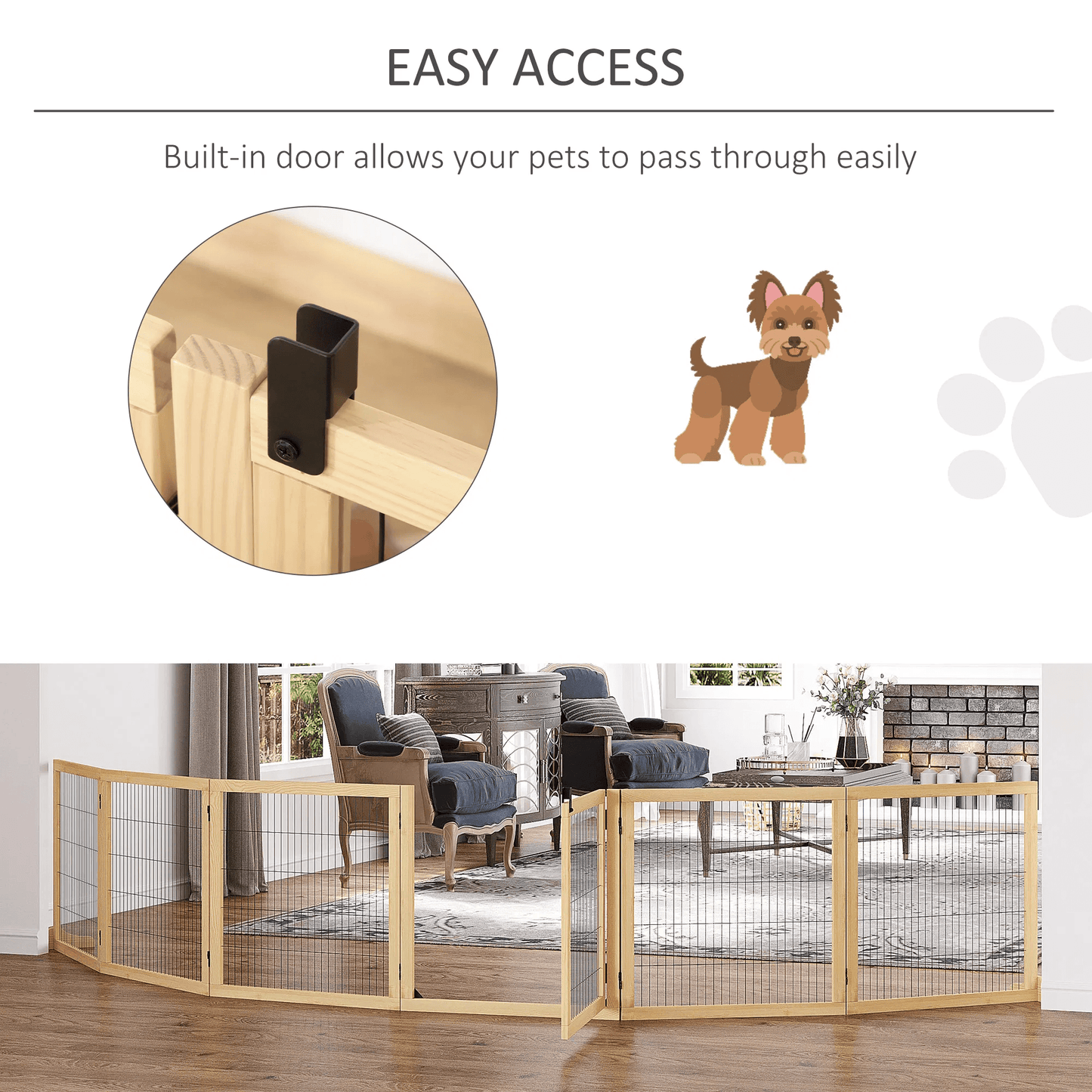 6-Panel Natural Wood Folding Freestanding Dog Gate
