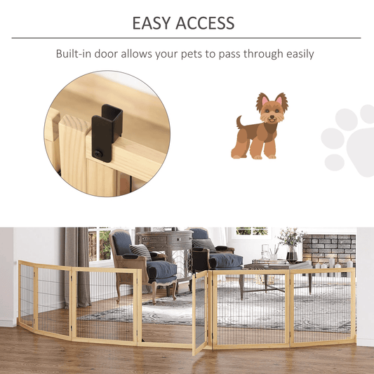 6-Panel Natural Wood Folding Freestanding Dog Gate
